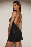 Embellished Soft Scoop Backless Fitted Mini Dress in Black