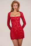 Sheer Scalloped Lace Long Sleeve Mini Dress in Rose Red
