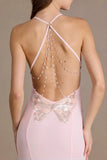 Chiffon Cowl Neck Open Back Gown in Baby Pink