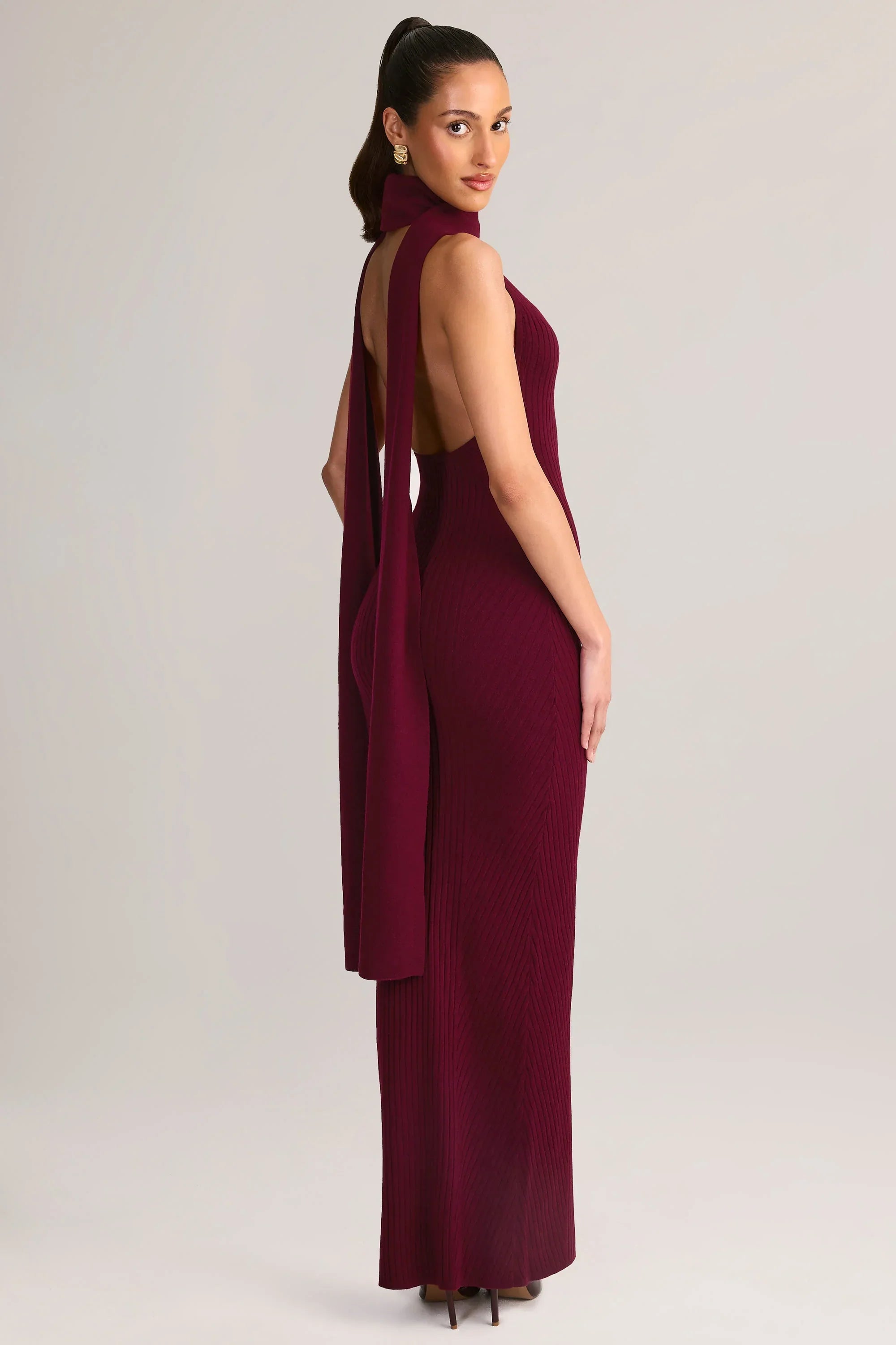 Rib Knit Scarf Detail Halterneck Maxi Dress in Wine