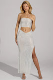 Embellished V Waist Thigh Split Maxi Skirt in White