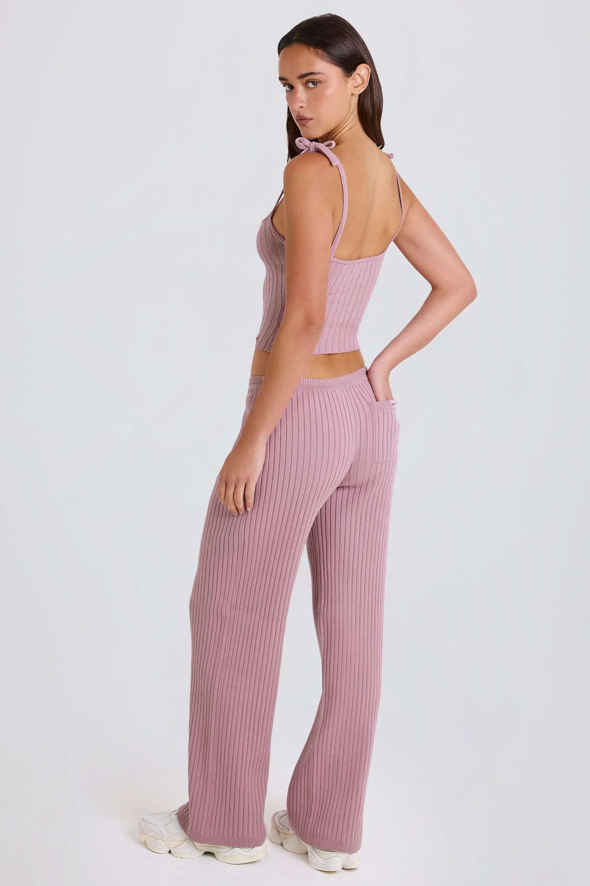Ribbed Knit Wide Leg Joggers in Mauve