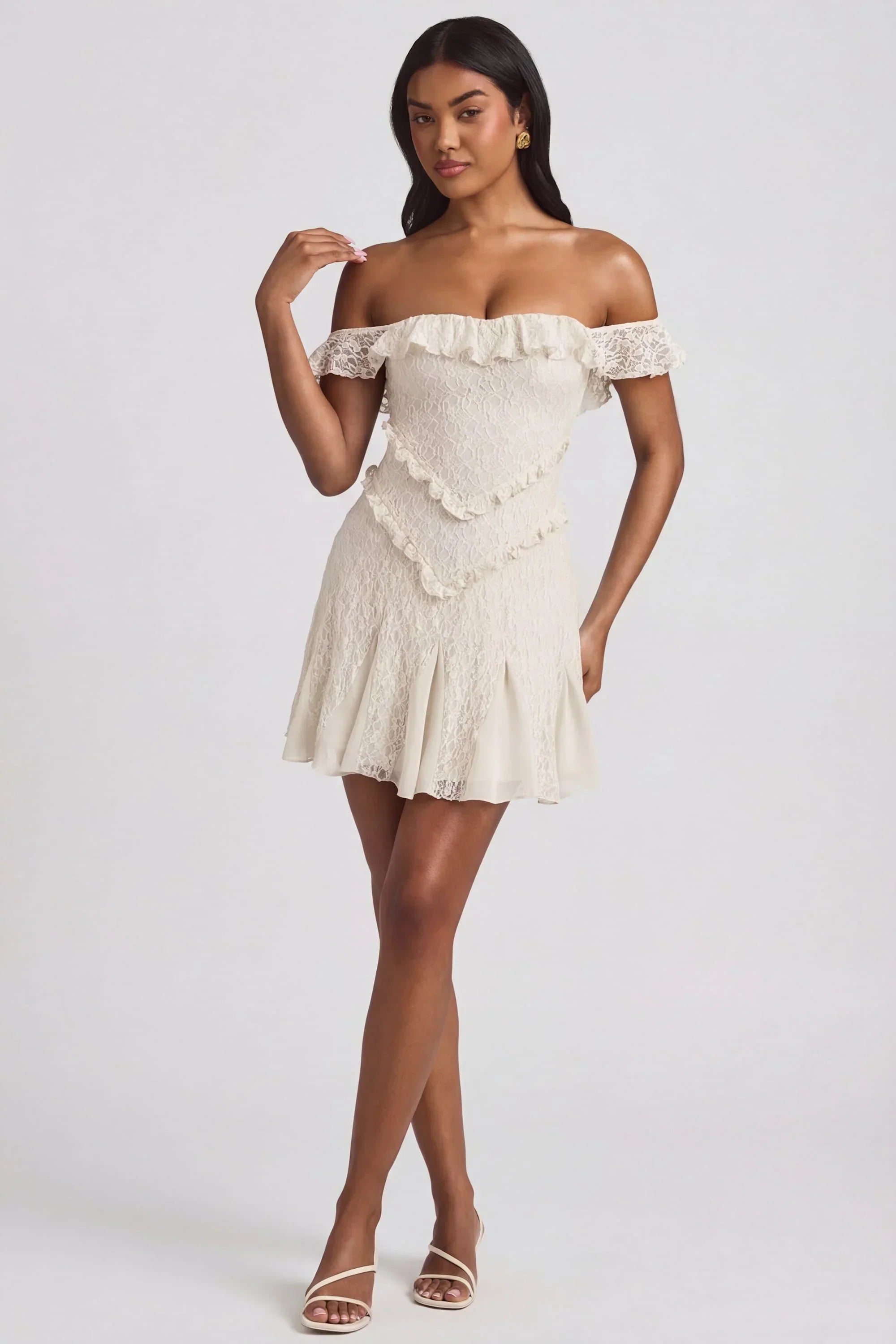 Off Shoulder Lace A Line Mini Dress in Ivory