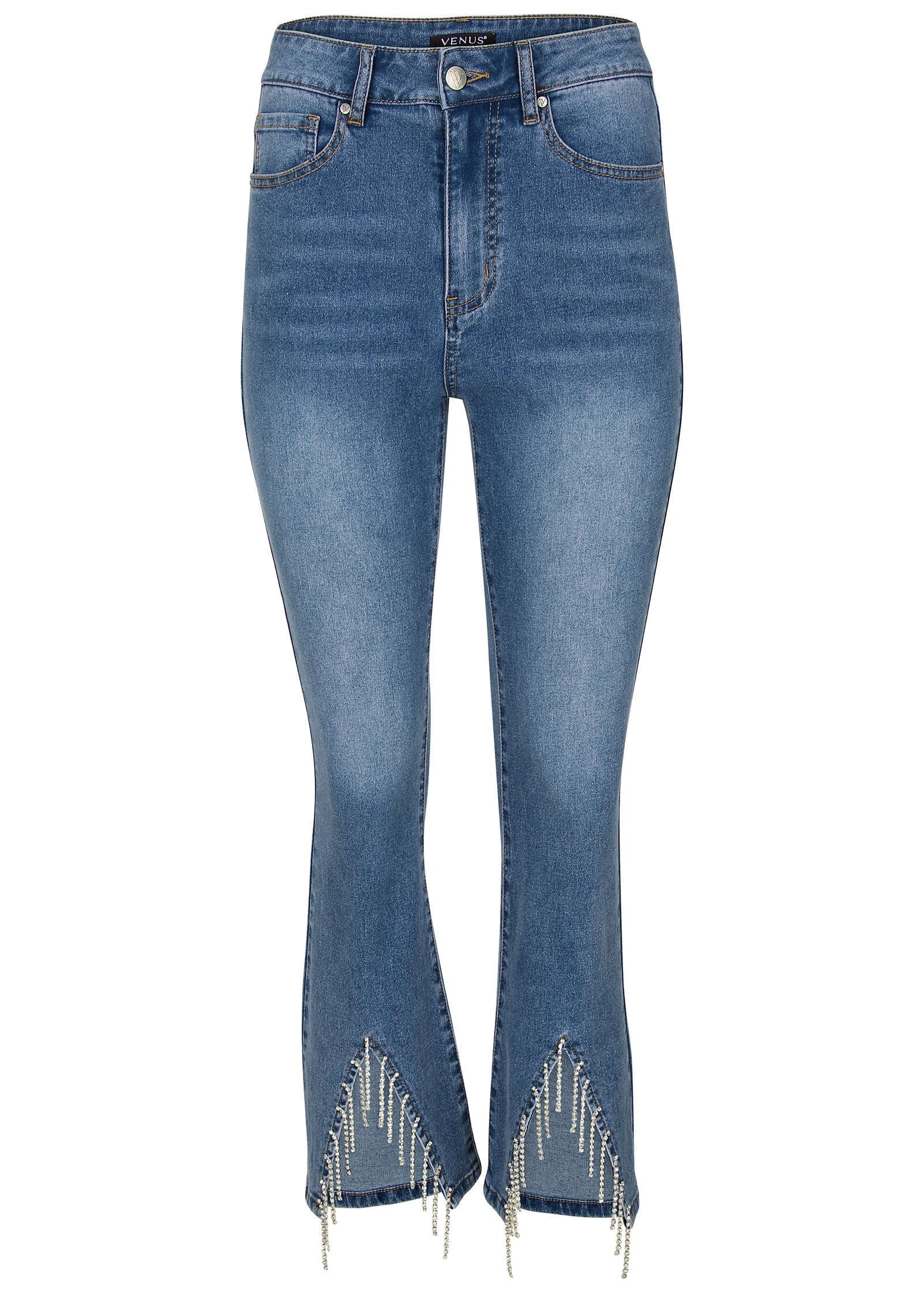 Rhinestone Kick Flare Jeans Medium Wash