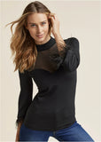 Feather Cuff Mock Neck Top Black