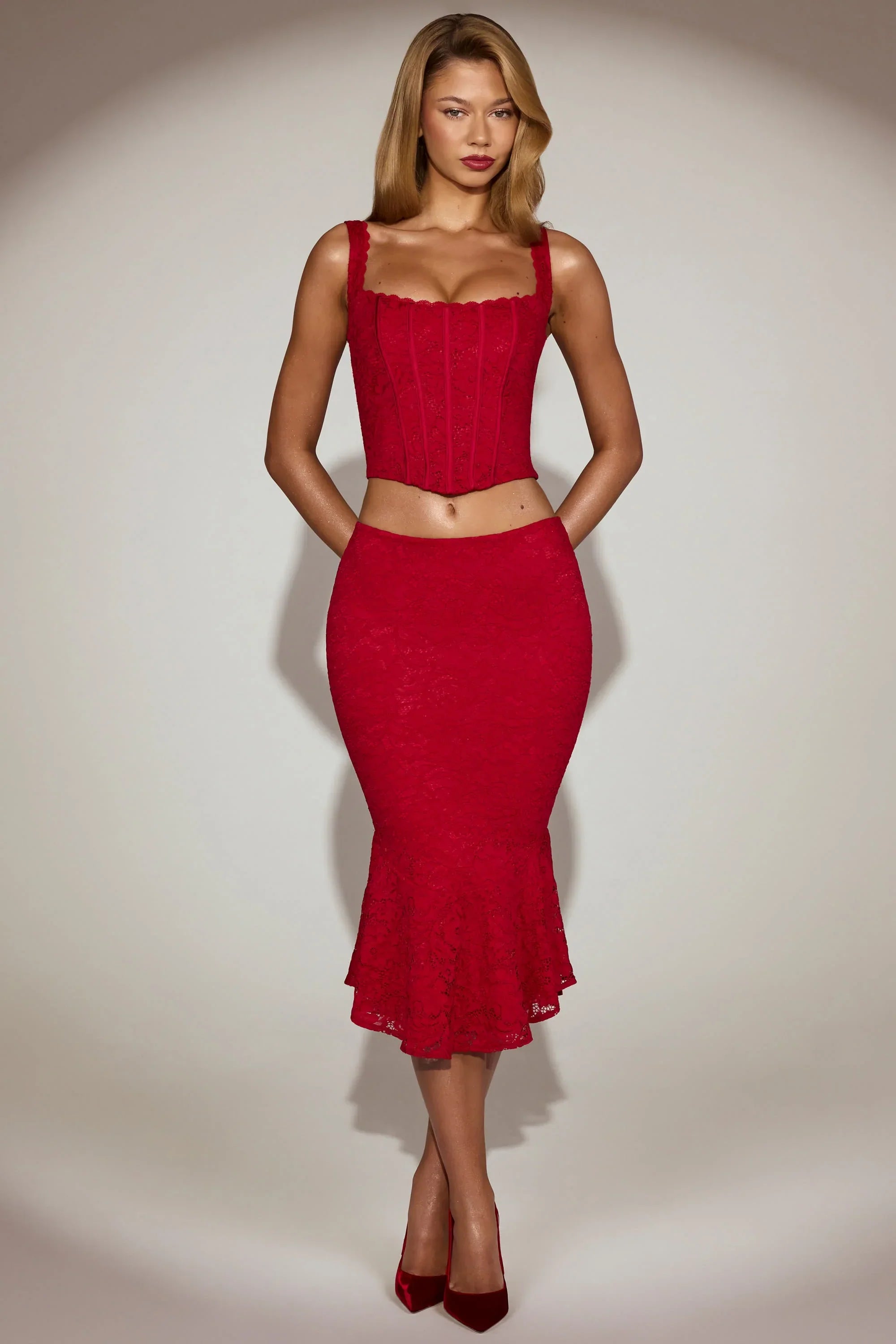 Lace Mid Rise Fluted Midi Skirt in True Red