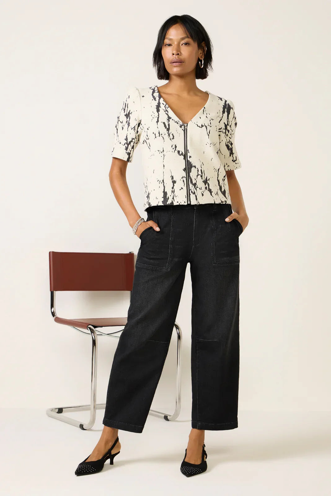 Courtney Jacquard Zip Front Top