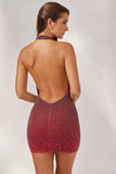 Embellished Halter Neck Mini Dress in Red Brown Ombré