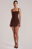 Mid Rise Bodycon Ultra Mini Skirt with Split in Chocolate Brown
