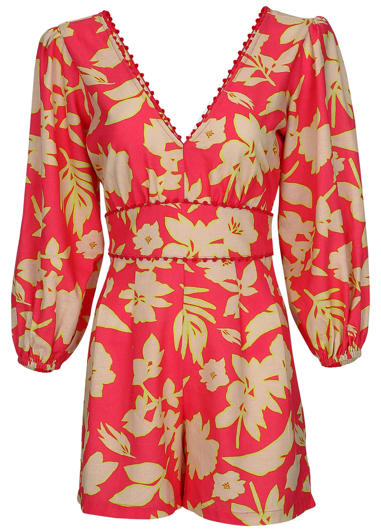 Linen Balloon Sleeve Romper Warm Block Floral