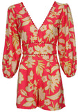 Linen Balloon Sleeve Romper Warm Block Floral