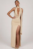 Soft Jersey Plunge Halterneck Maxi Dress in Champagne