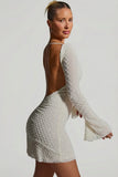Embellished Open Back A Line Mini Dress in White
