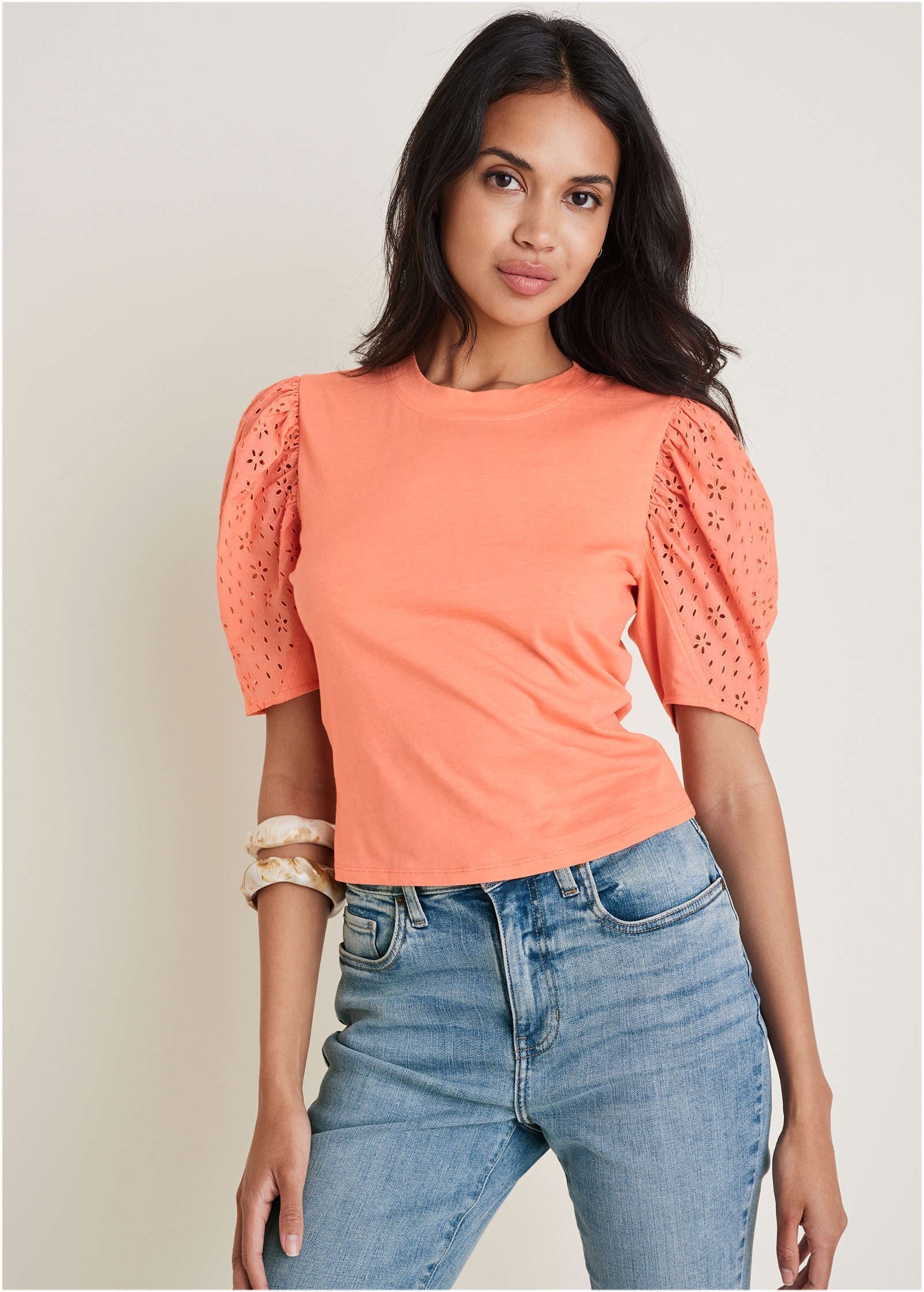Eyelet Puff Sleeve Top Burnt Coral