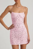 Sheer Embellished Square Neck Mini Dress in Pink