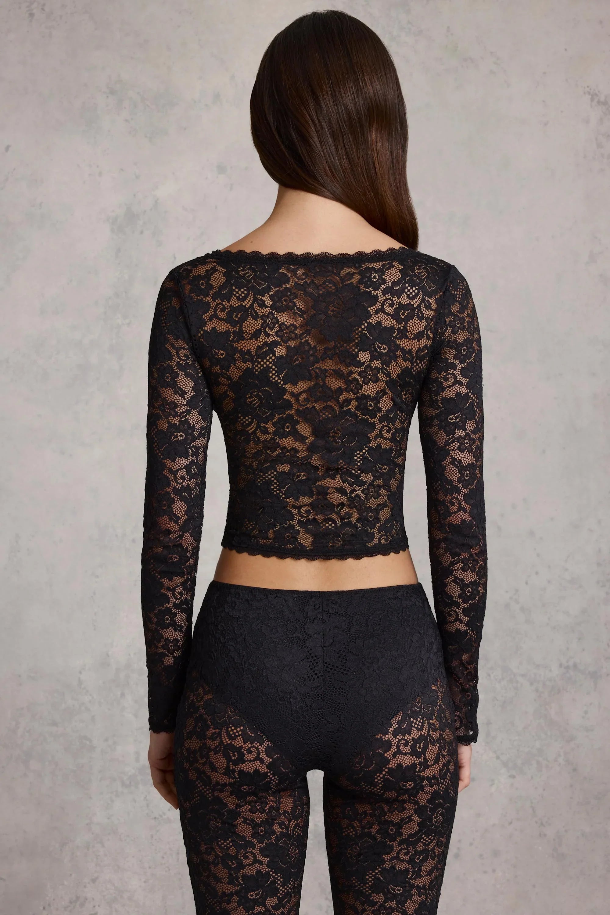 Sheer Lace Plunge Neck Long Sleeve Top in Black