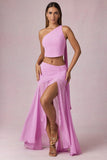 Asymmetric Ruched Maxi Skirt in Pink Orchid