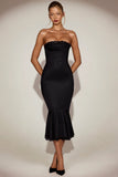 Satin Lace Trim Bandeau Fluted Midaxi Dress in Black
