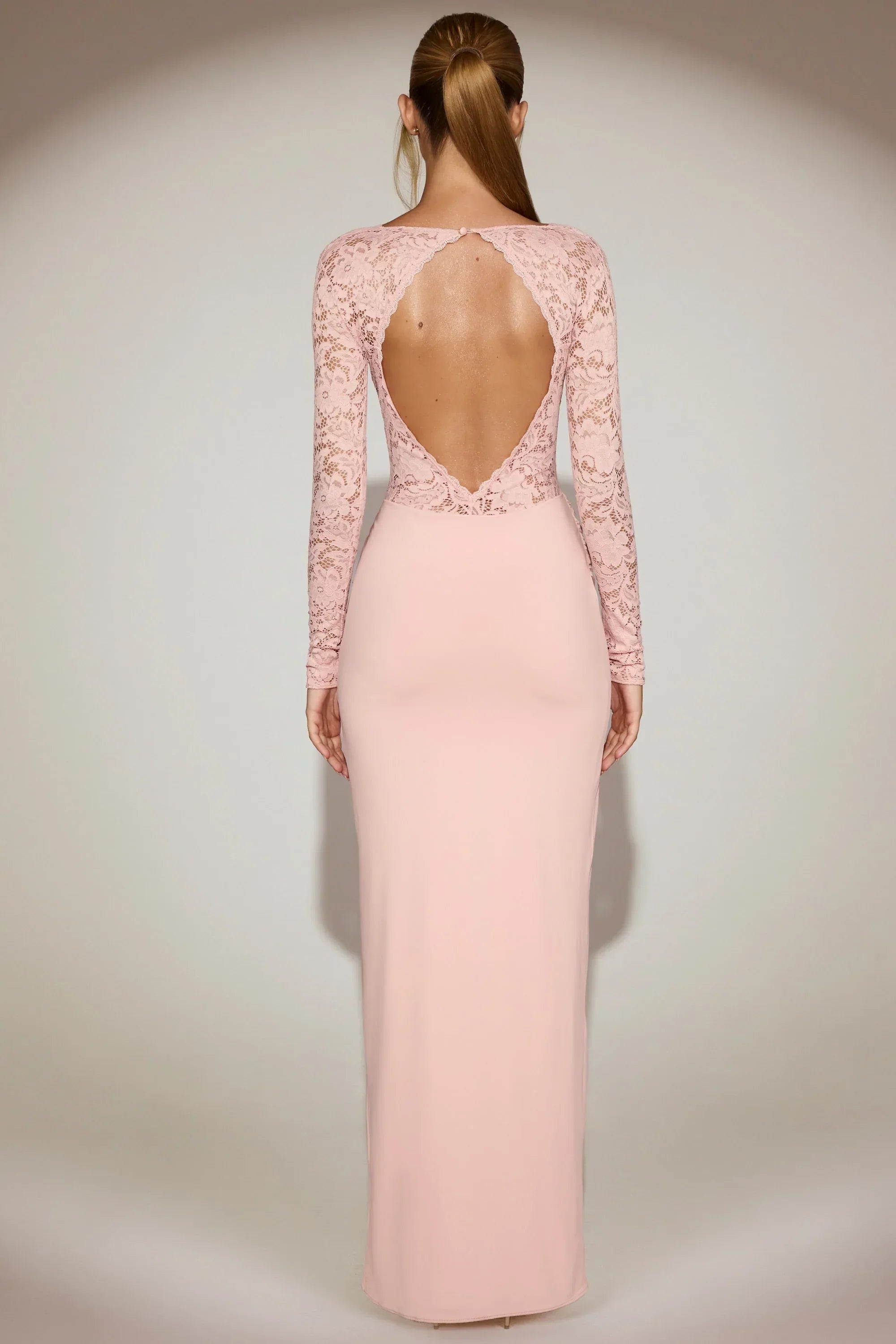 Lace Scalloped Plunge Neck Maxi Dress in Pink