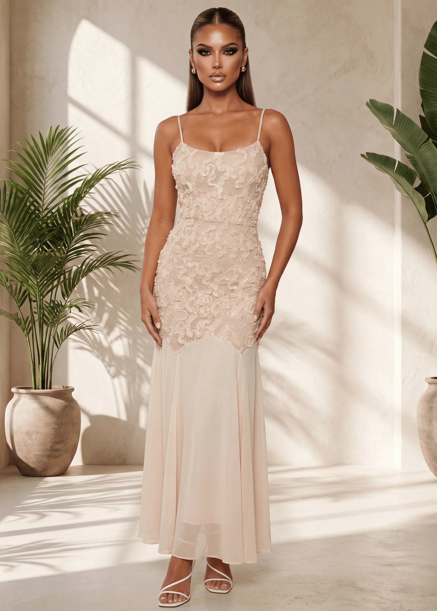 Forever Begins 3D Flower Maxi Dress Beige