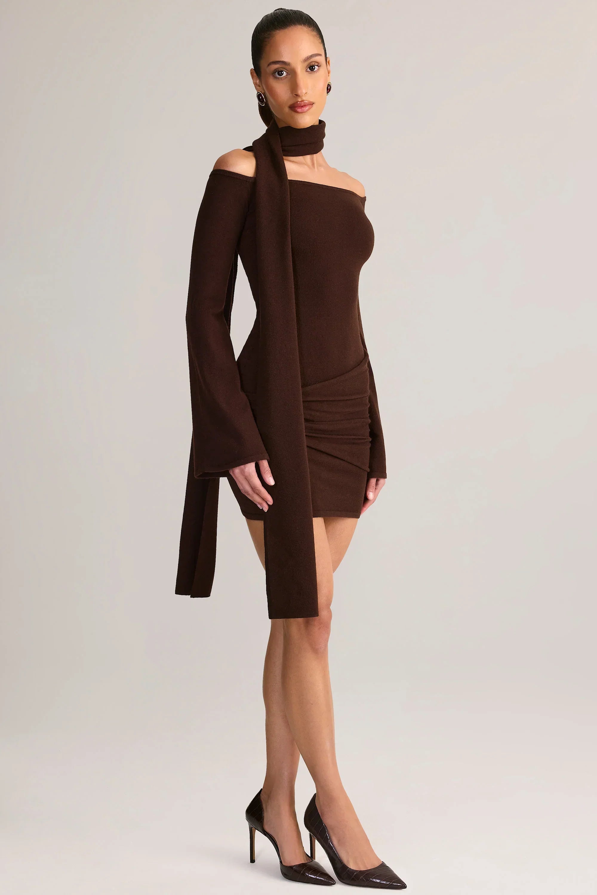Knit Scarf Detail Off Shoulder Mini Dress in Chocolate Brown