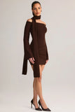 Knit Scarf Detail Off Shoulder Mini Dress in Chocolate Brown