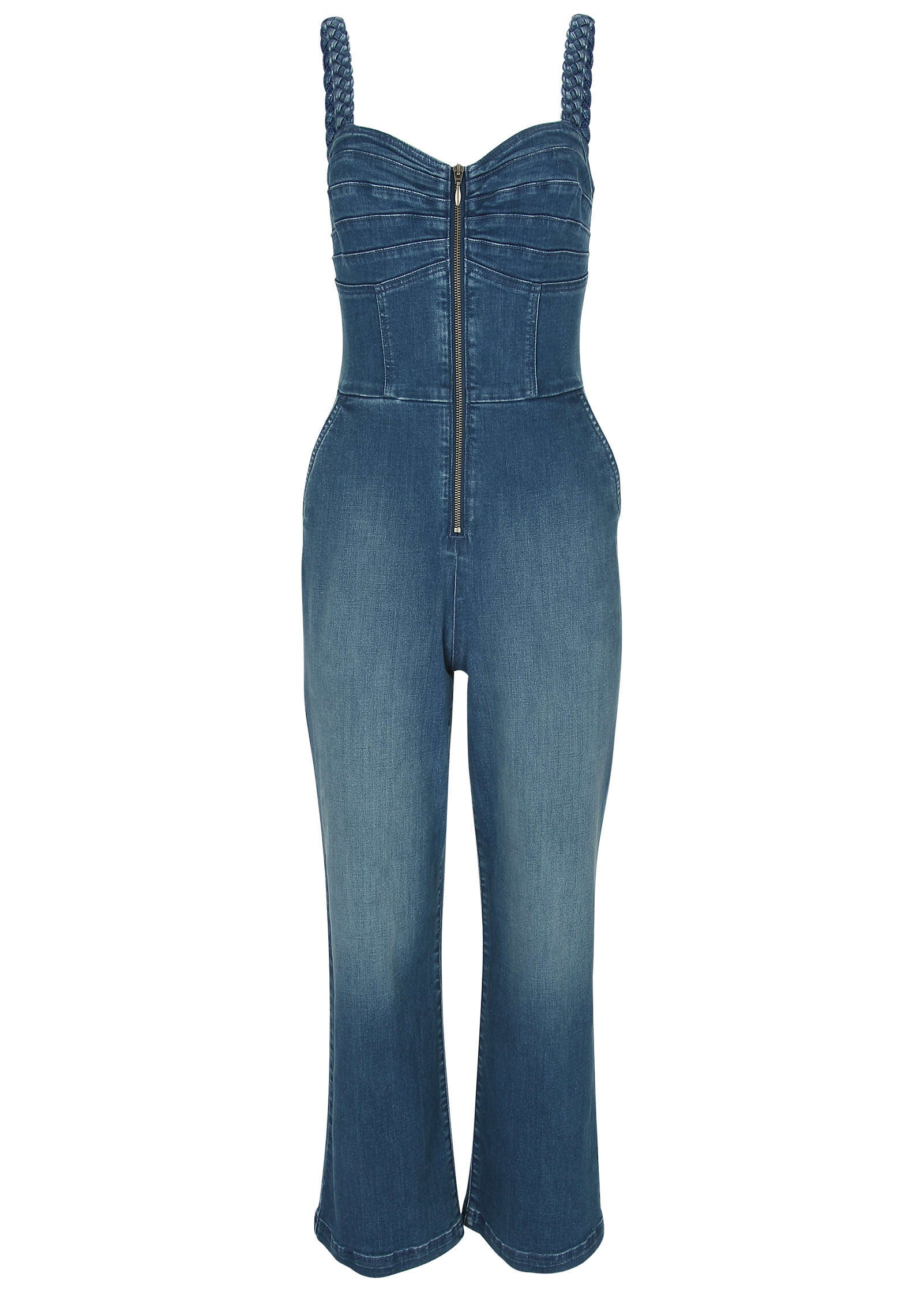 Braided Strap Denim Jumpsuit Medium Wash