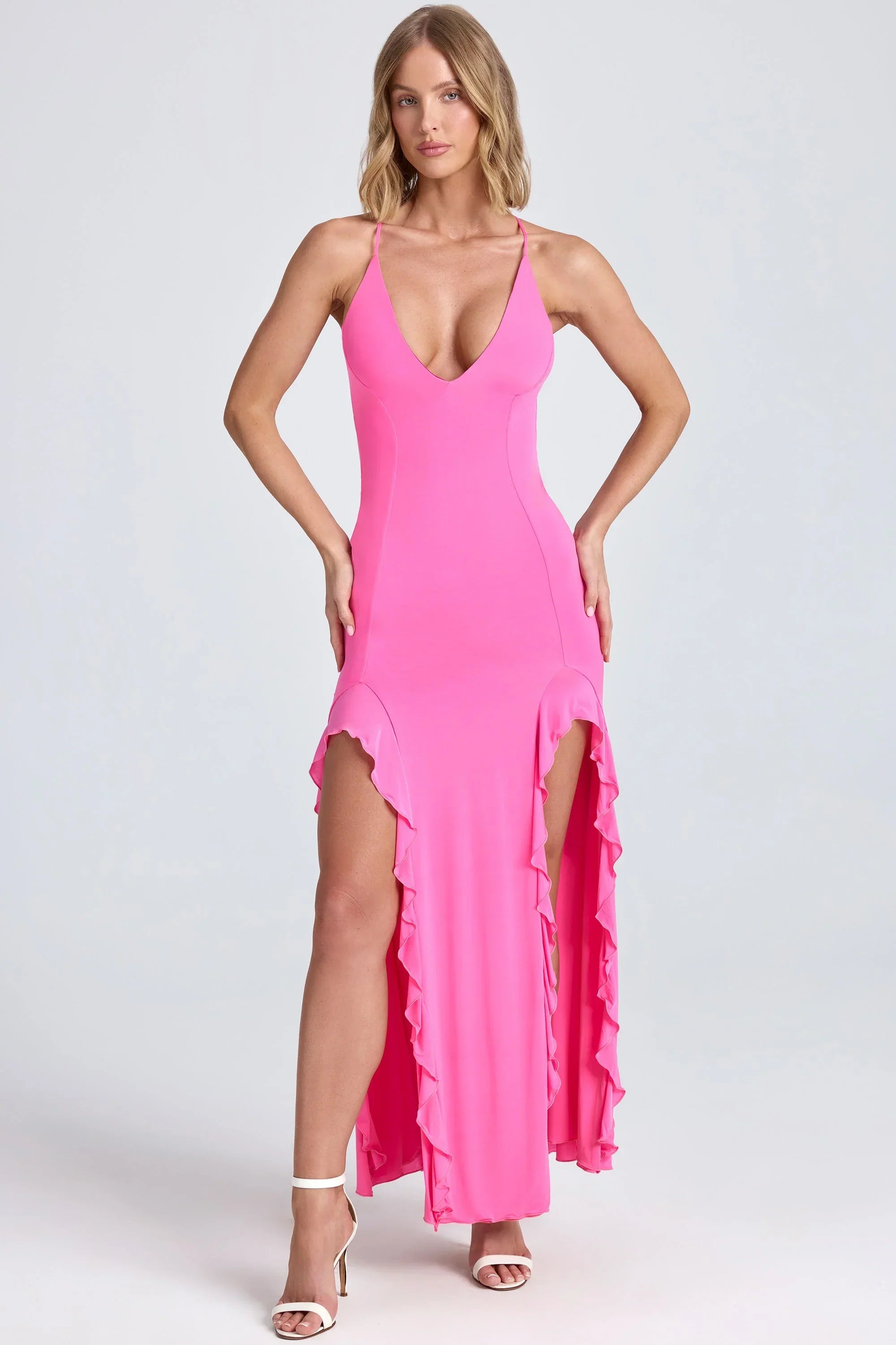 Ruched Ruffle Trim Maxi Dress in Lollipop Pink