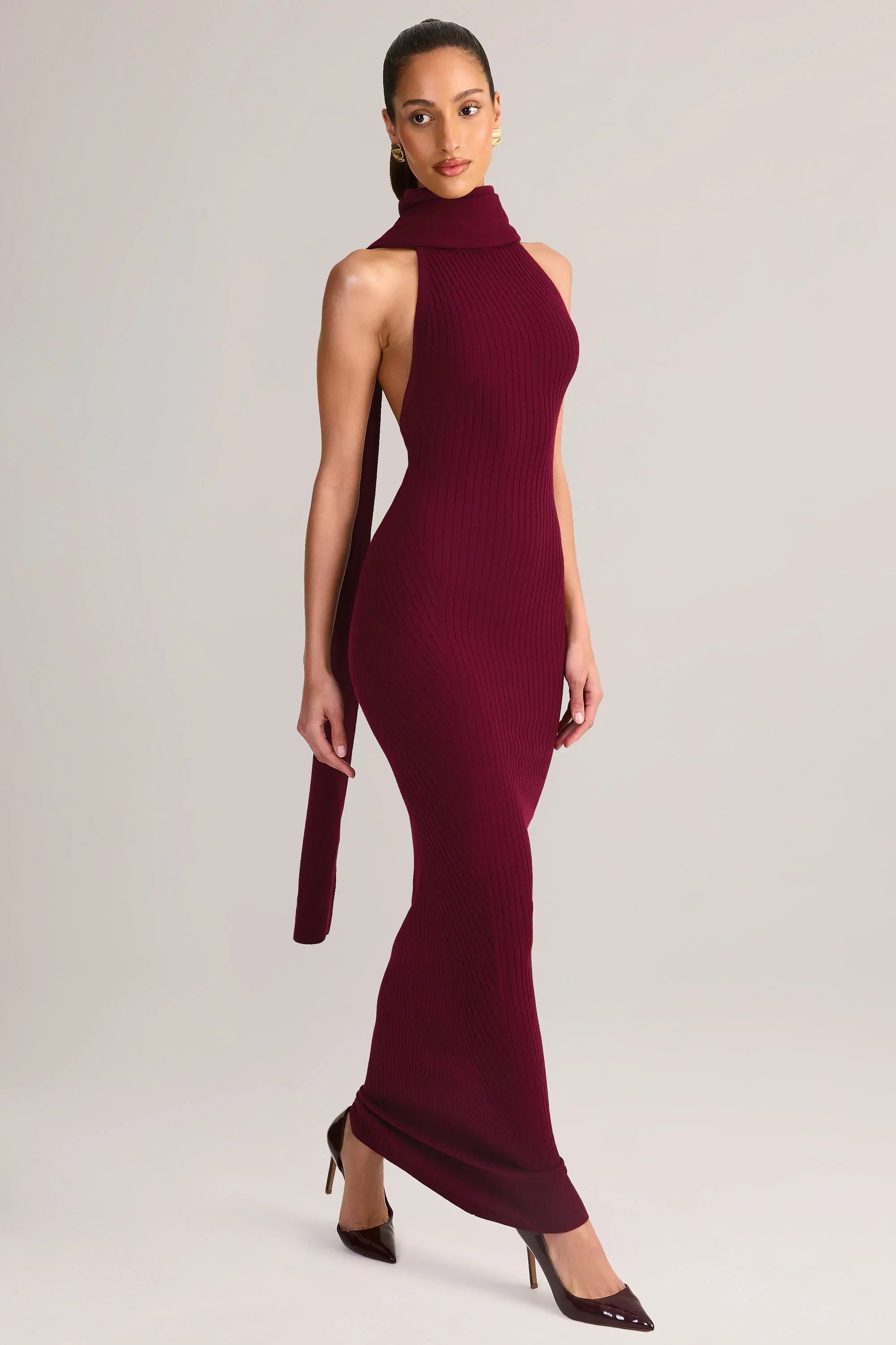 Rib Knit Scarf Detail Halterneck Maxi Dress in Wine