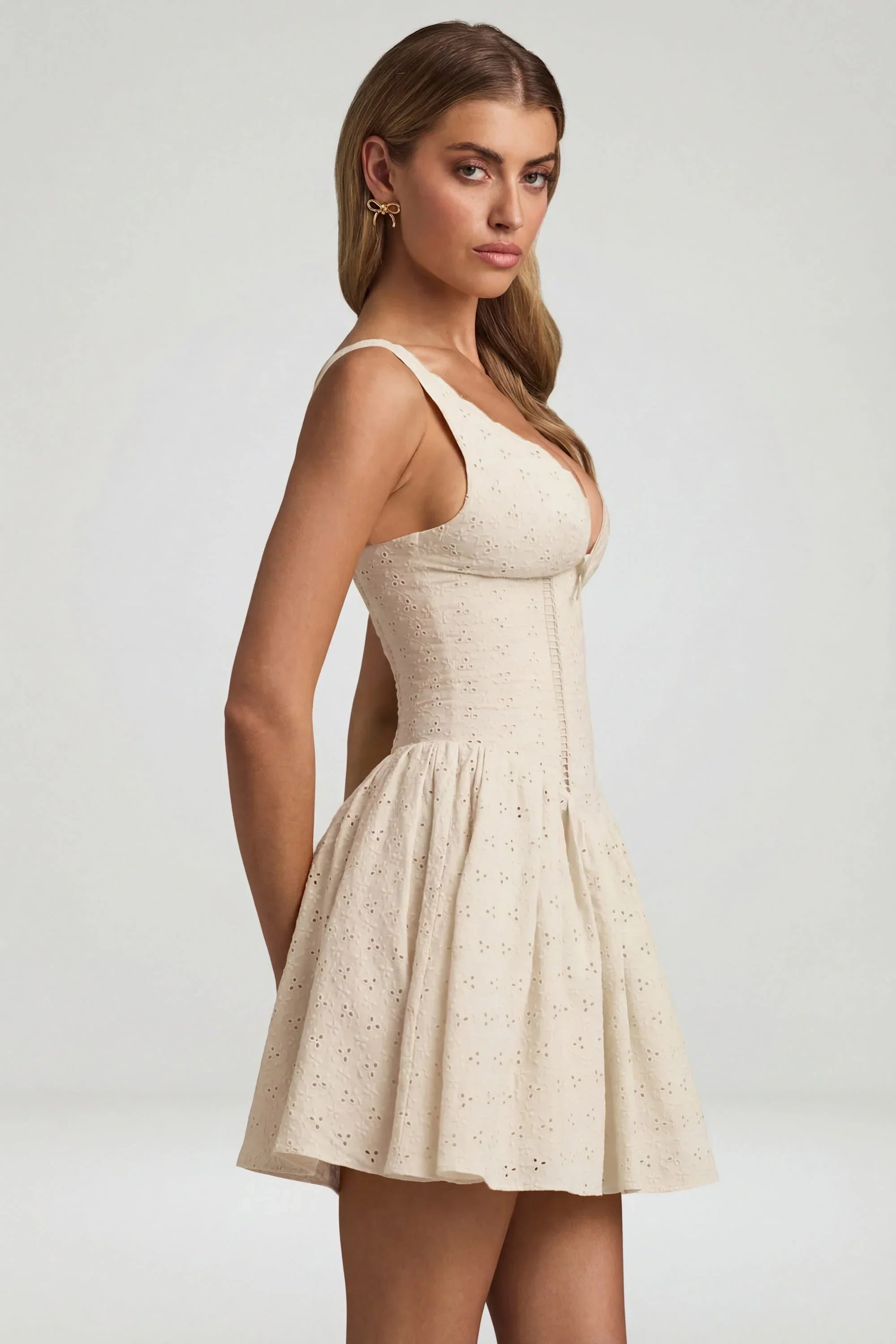 Broderie Anglaise Bow Detail A Line Mini Dress in Ivory