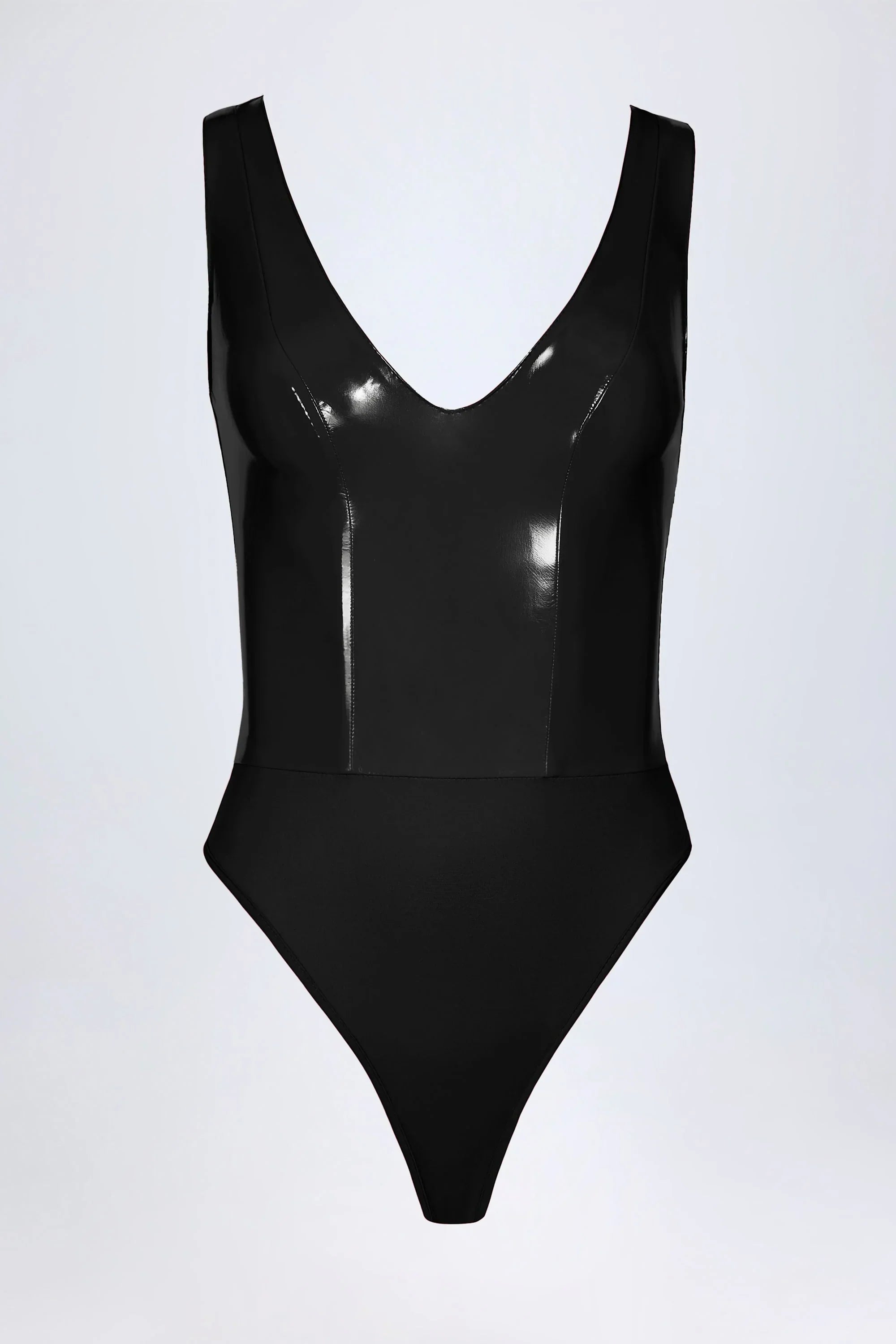 Glossy Vinyl Plunge Neck Bodysuit in Black