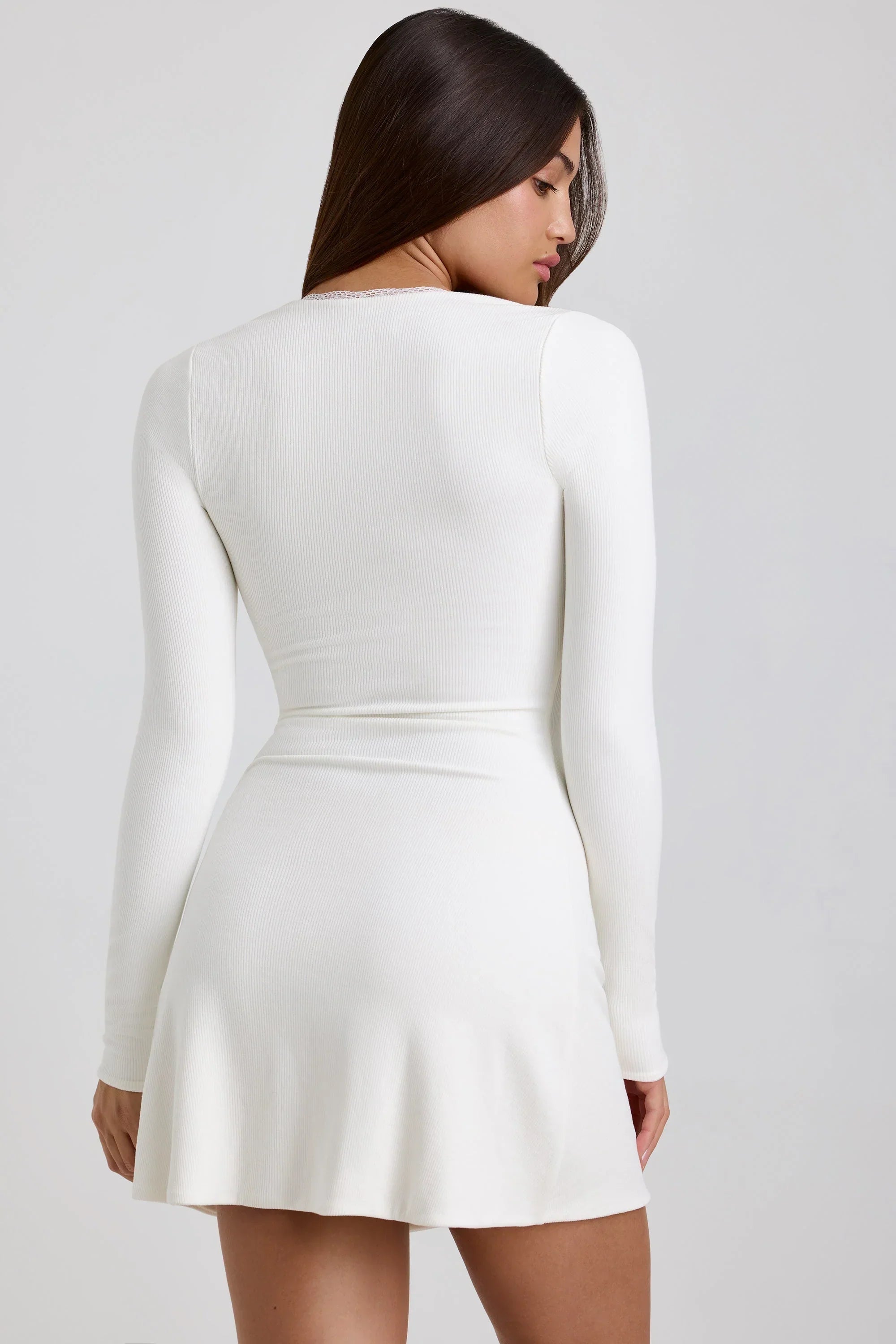 Ribbed Modal Lace Trim Mini Dress in White