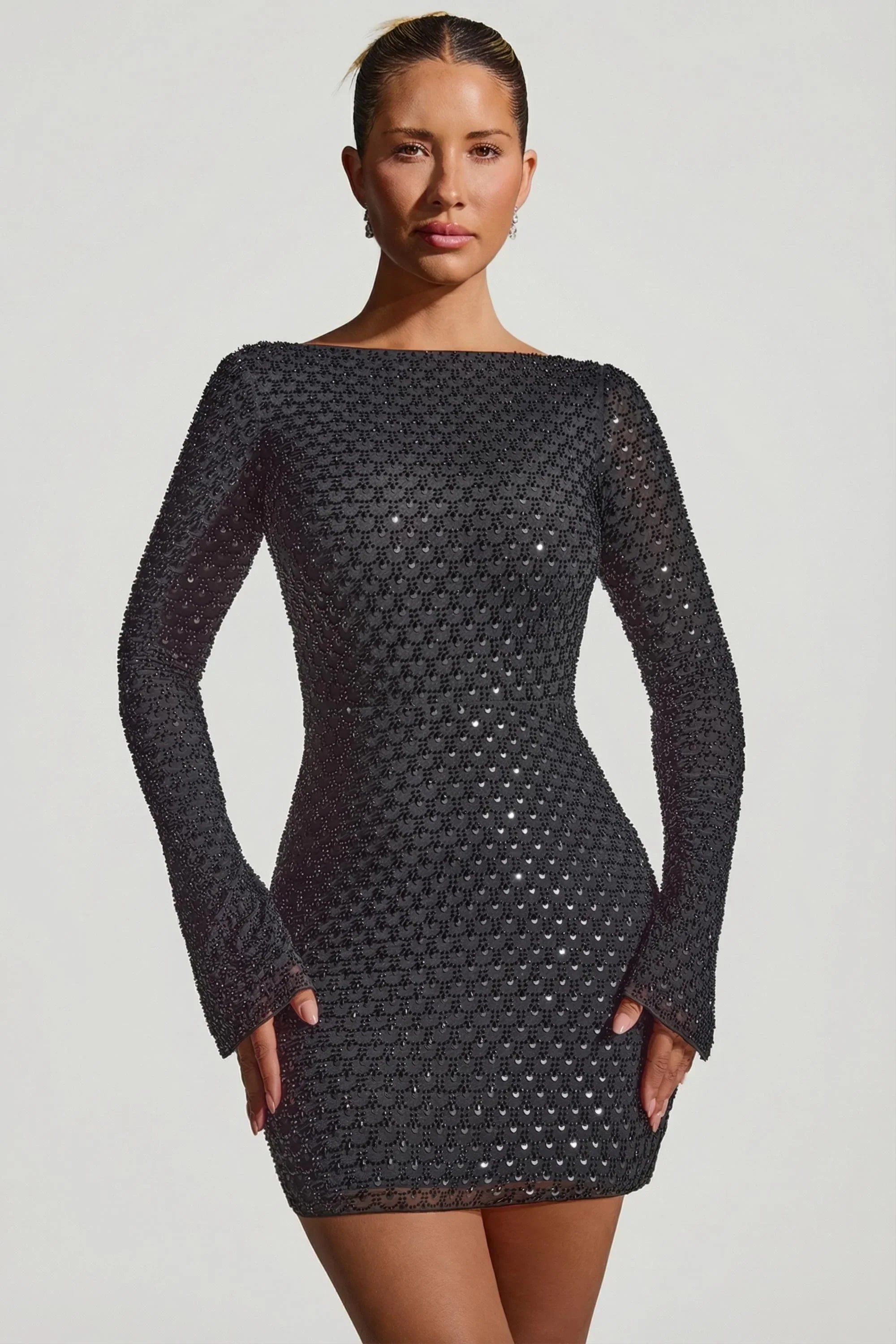 Embellished Open Back A Line Mini Dress in Black
