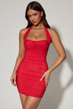 Bow Embellished Ruched Halterneck Mini Dress in Red