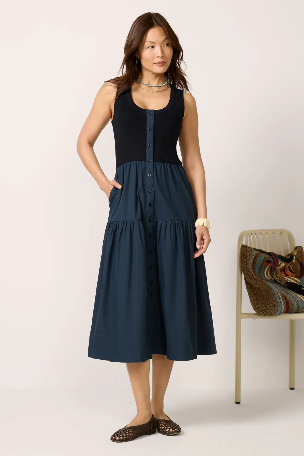 Susannah Scoop Neck Twofer Midi dress