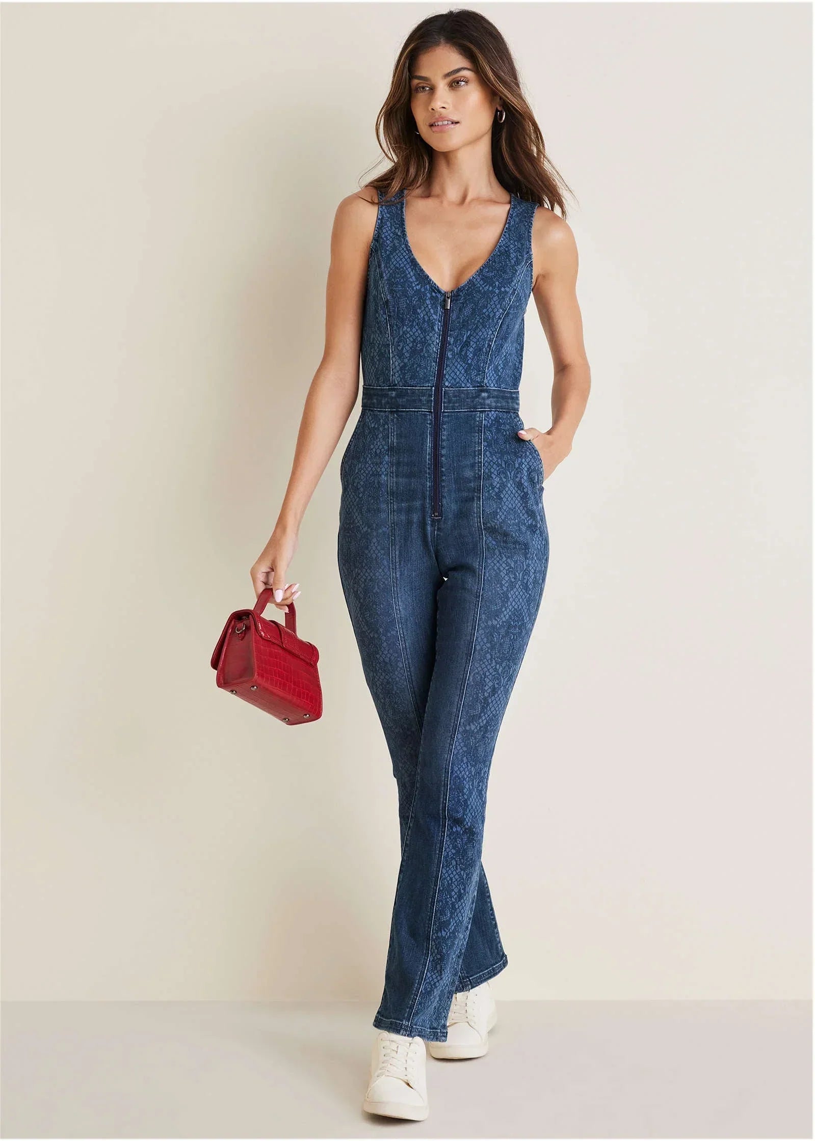 Lace Print Denim Jumpsuit Medium Wash