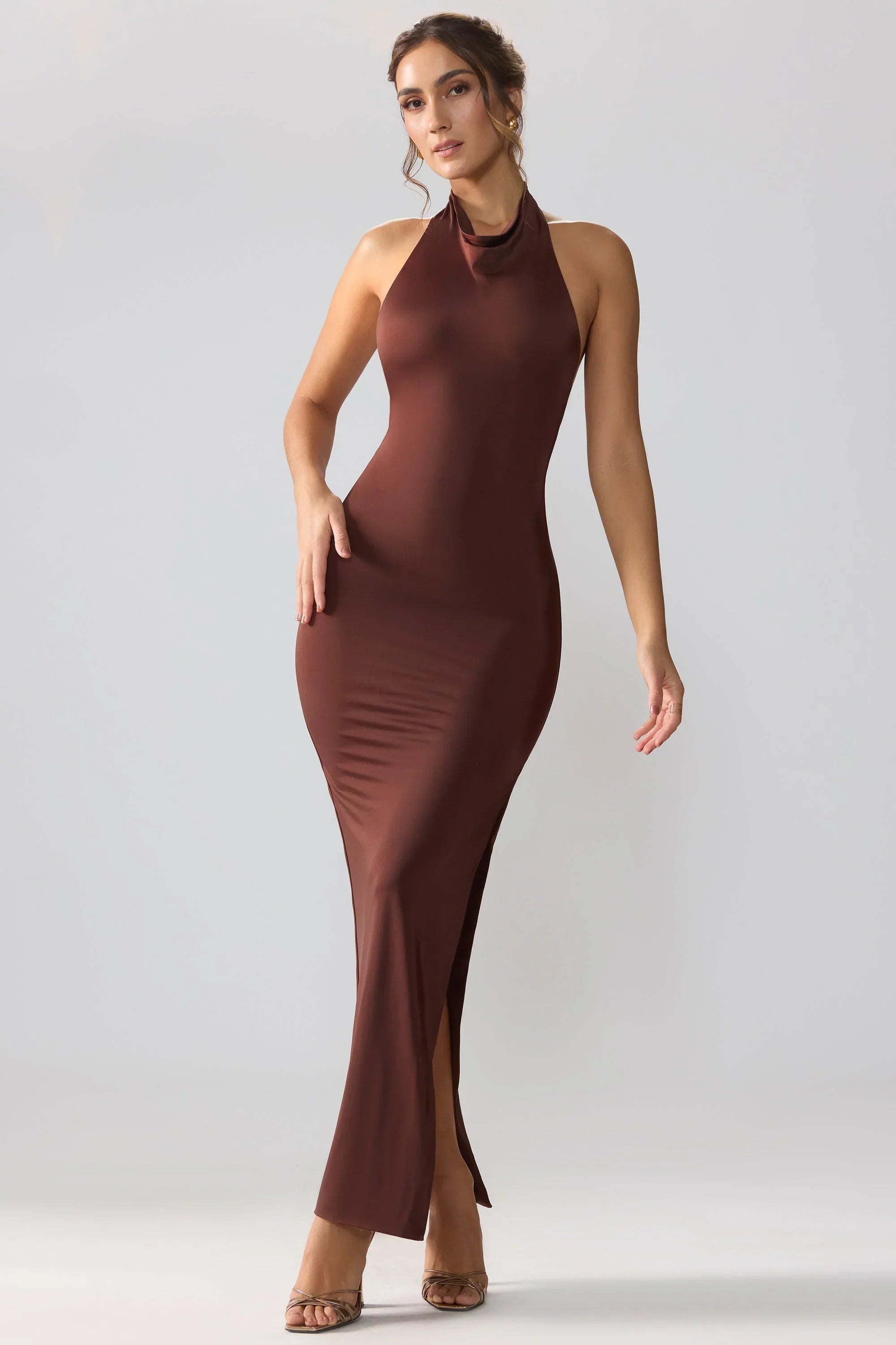 Jersey Cowl Neck Backless Maxi Dress in Espresso