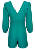 Linen Balloon Sleeve Romper Tropical Green