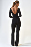 Modal Ruched Plunge Flared Jumpsuit in Black