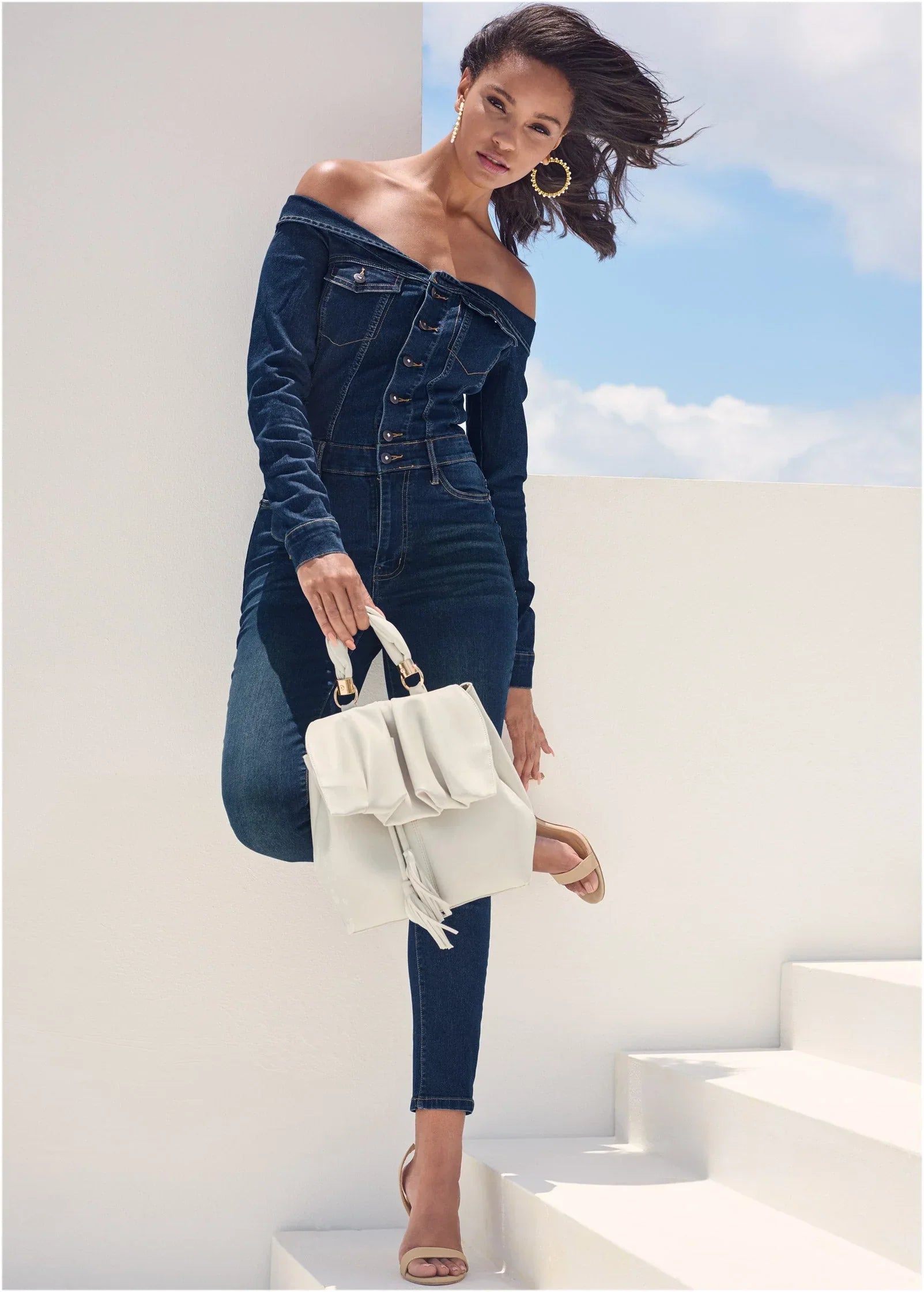 Off The Shoulder Denim Jumpsuit Dark Wash
