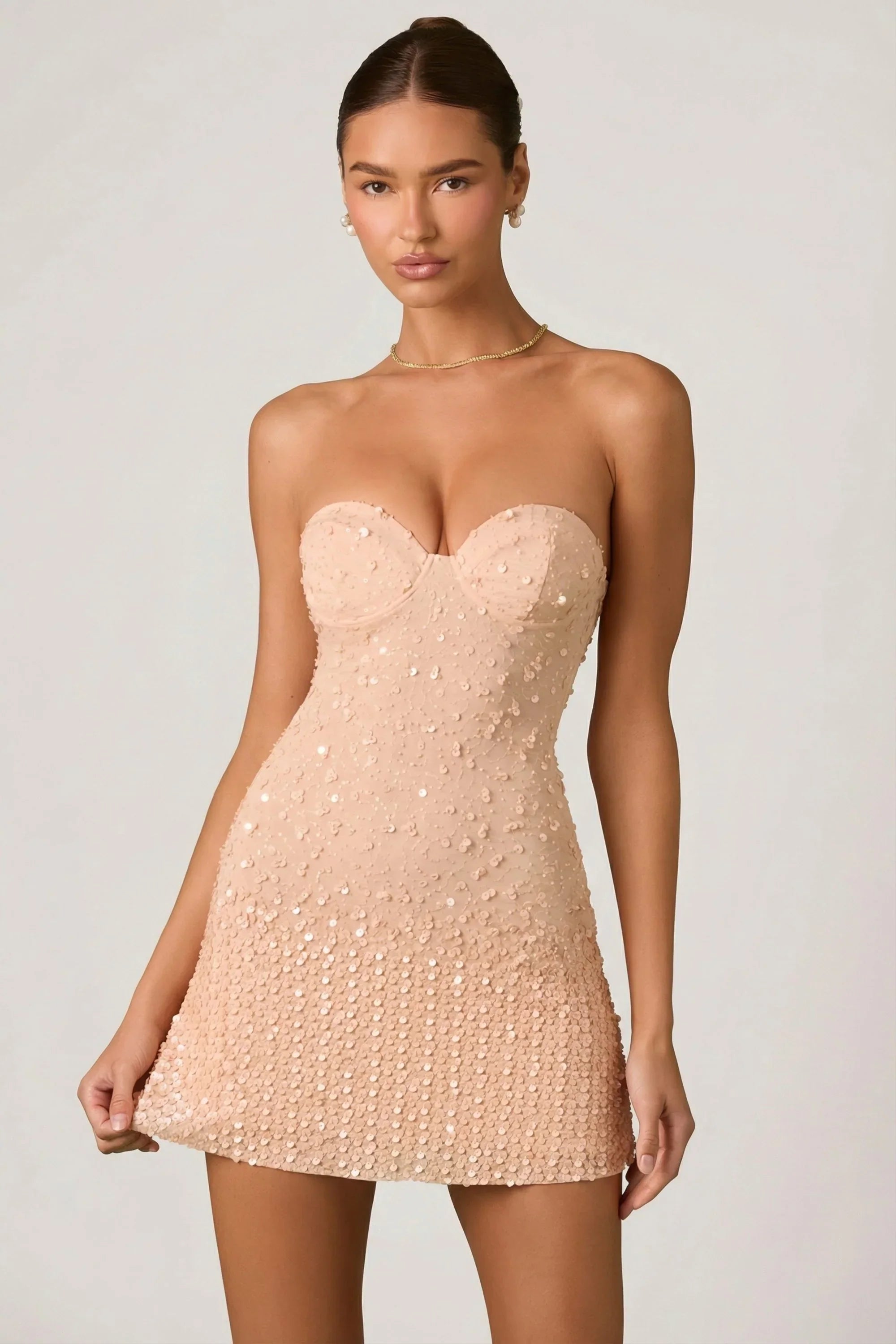 Embellished Sweetheart Neck A Line Mini Dress in Apricot