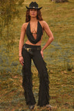 Ruffled Mid Rise Flared Trousers in Black
