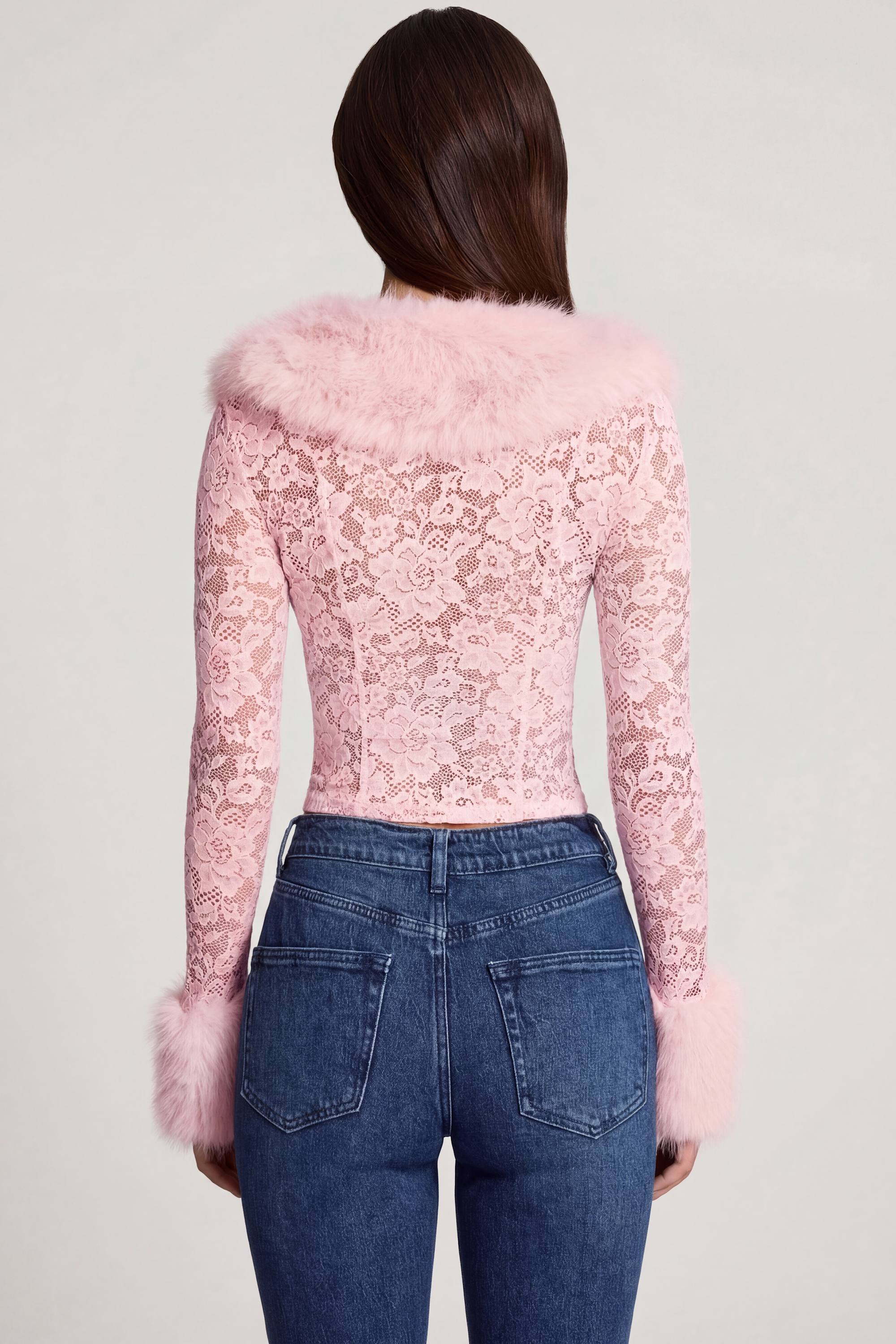 Sheer Lace Faux Fur Trim Cardigan in Pink