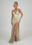 Elegant Desire Glitter Split Gown Champagne Glitter