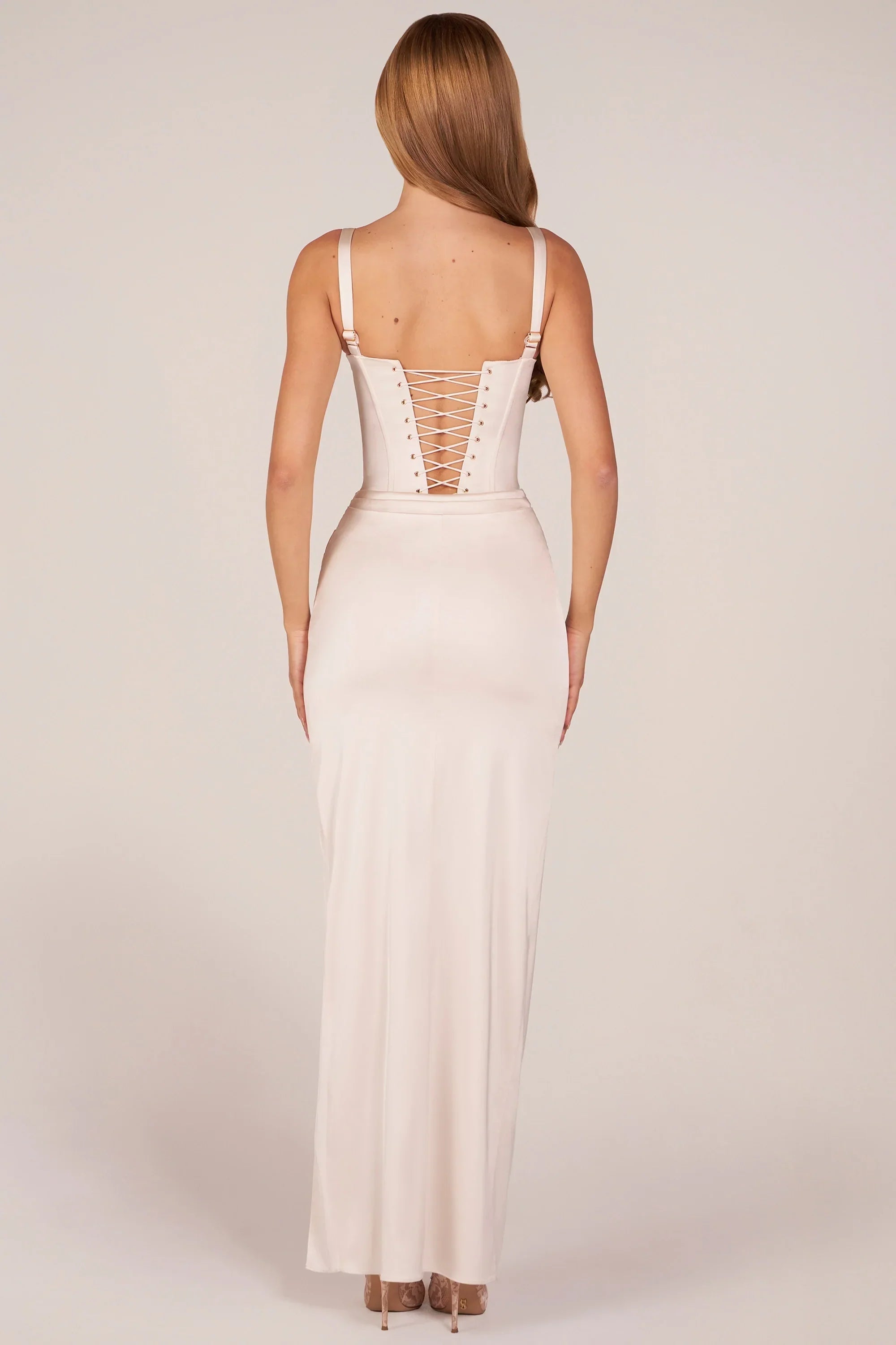 Corseted Thigh High Split Maxi Dress in Pearl