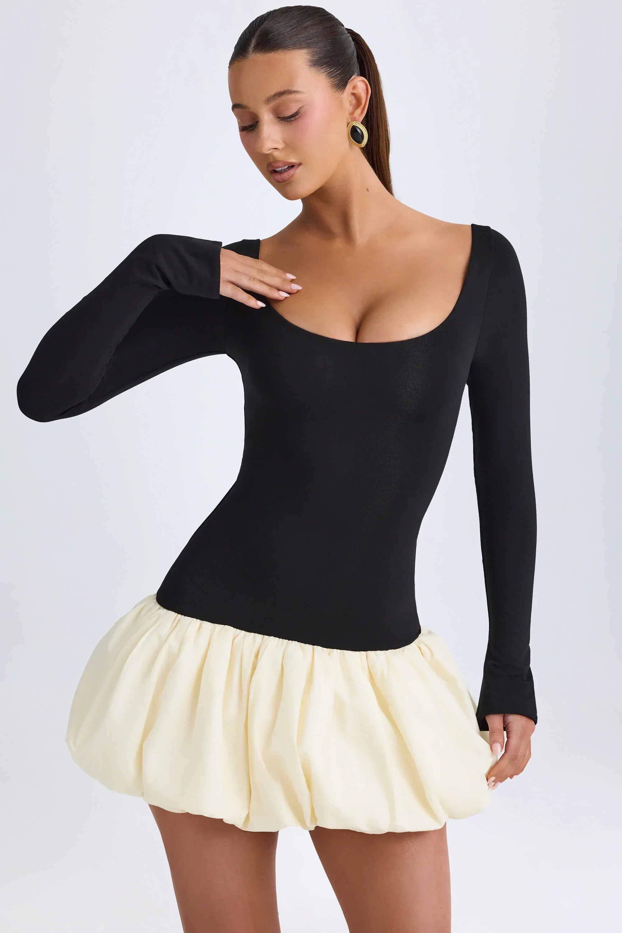 Modal Scoop Neck Drop Waist Bubble Hem Mini Dress in Vanilla