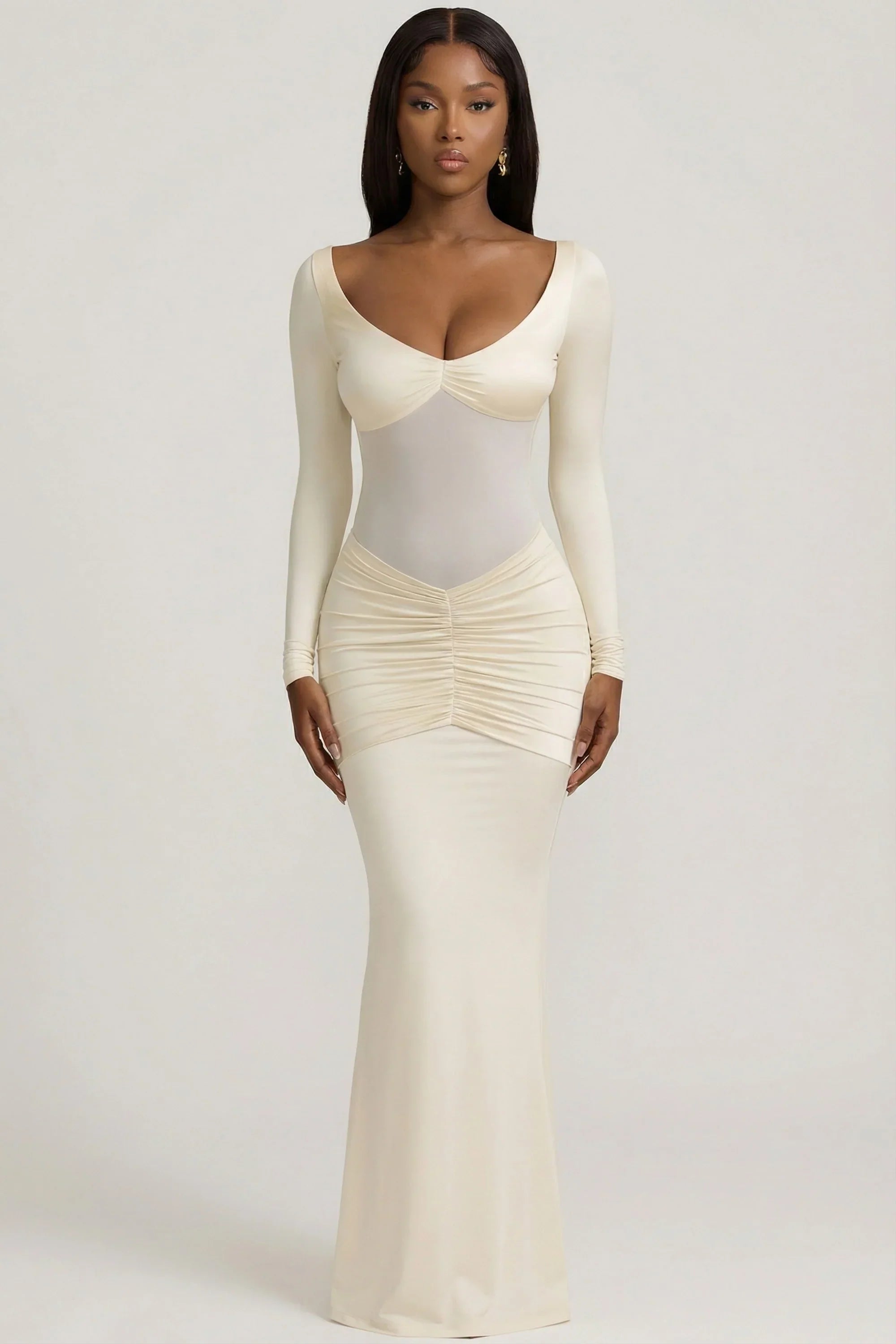 Bow Detail Ruched Maxi Dress in Ivory