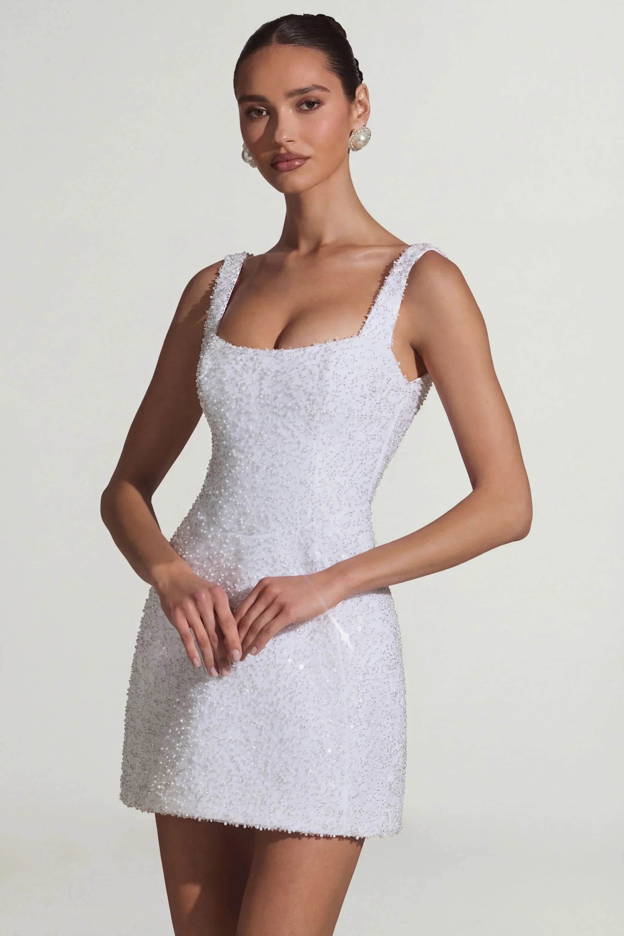 Embellished Structured A Line Mini Dress in White