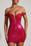 Embellished Off Shoulder Mini Dress in Crimson Red