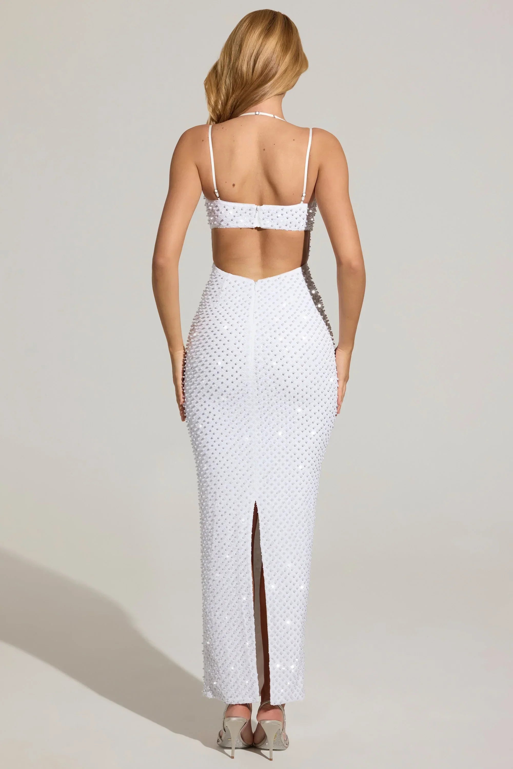 Embellished Cowl Neck Maxi Dress in White